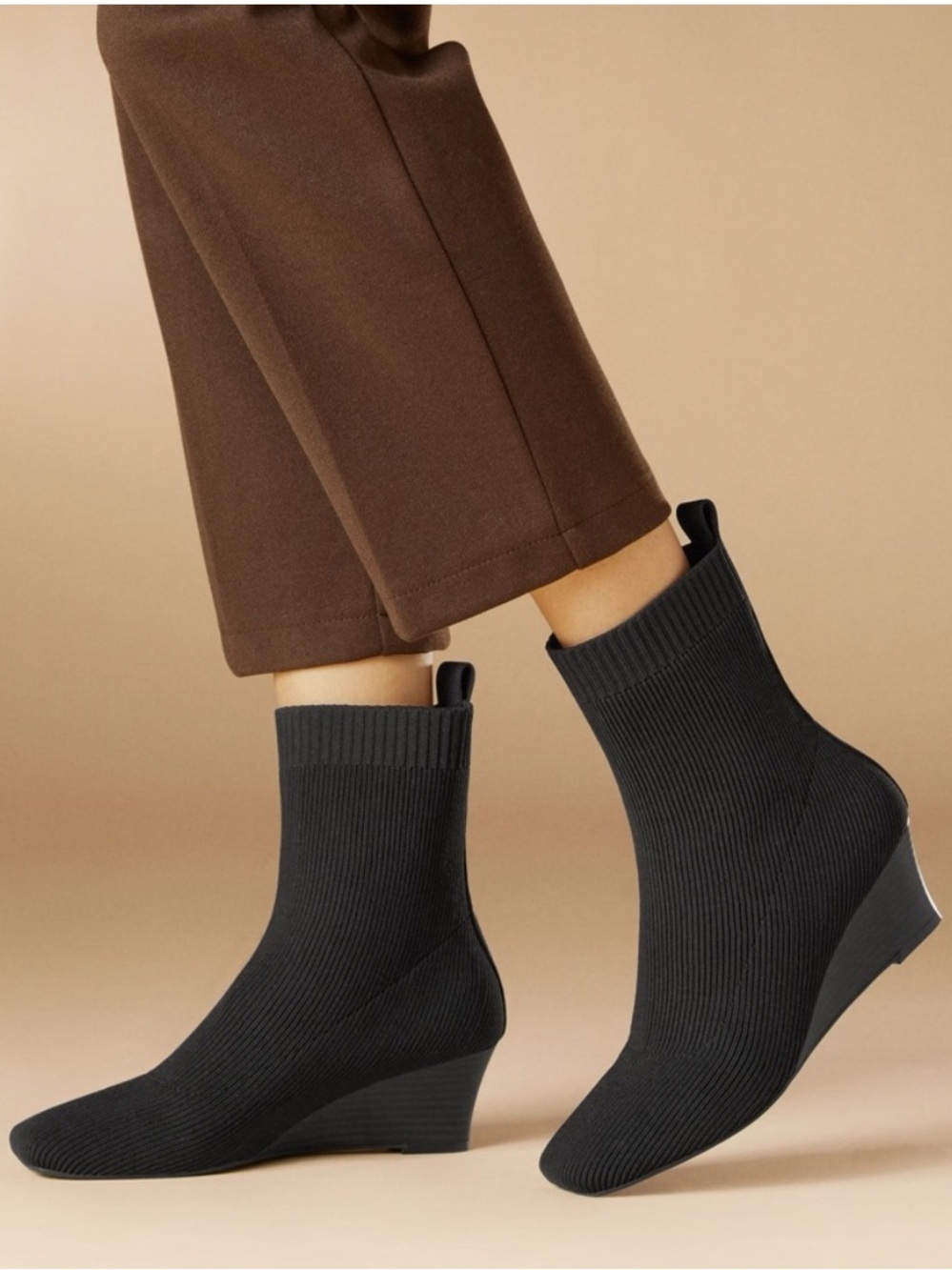 Vivaia Margot Square Toe Wedge Sock Booties Black Water Repellent Size 38